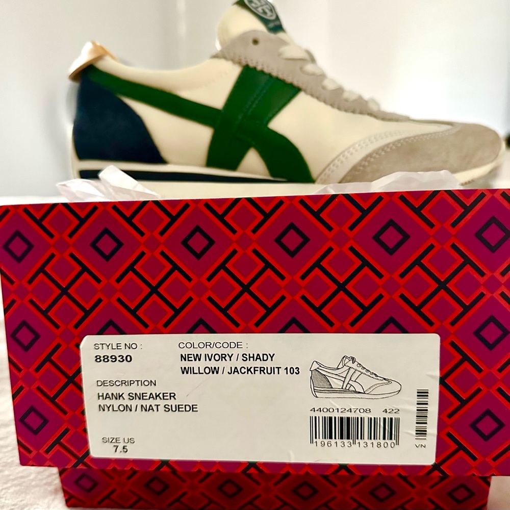 *rare* TORY BURCH Hank Sneaker Ivory/Shady Willow/Jackfruit — 7.5 — IN BOX - Picture 5 of 5